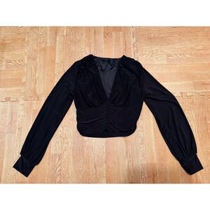 2 Saints Black Ruched V-Neck Cropped Blouse Long Sleeve Top Size Small